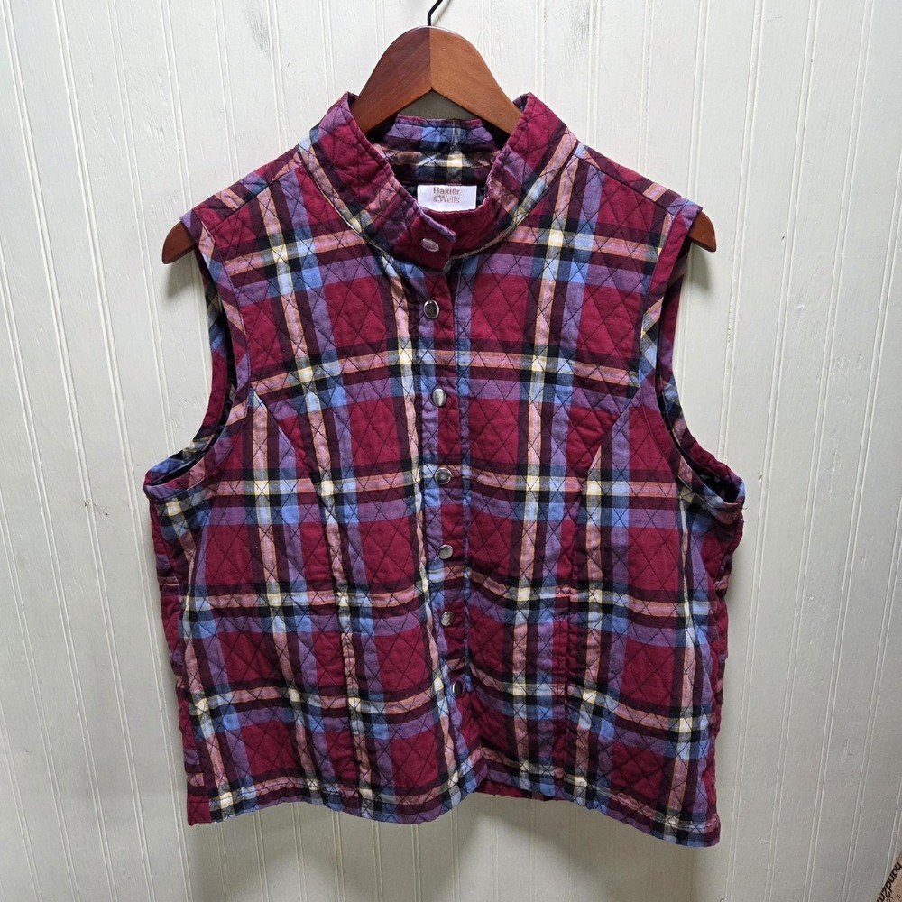 Baxter & Wells Vest Womens Large Red Plaid Quilted Flannel Snap Pockets‎